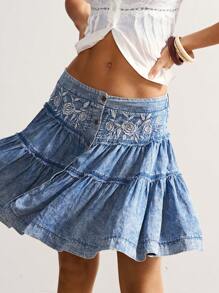 Bohemela Boho Vintage Country Style Rose Embroidered Woven Denim A-Line Skirt For Women Blue Jean Skirt Denim Skirt