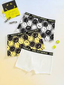 SmileyWorld® | SHEIN 3pcs Men Black & Yellow Smiling Face Print Basic Boxer Briefs,Summer Casual Short