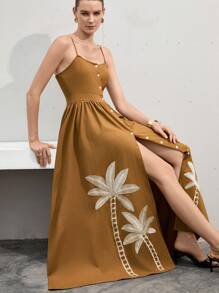 SHEIN Privé Vestido ajustado y evasé con un solo pecho, sin mangas, de punto de bambú marrón con detalles bordados de palmeras y fruncido en la cintura, estilo playa - Multicolor - Ver 1