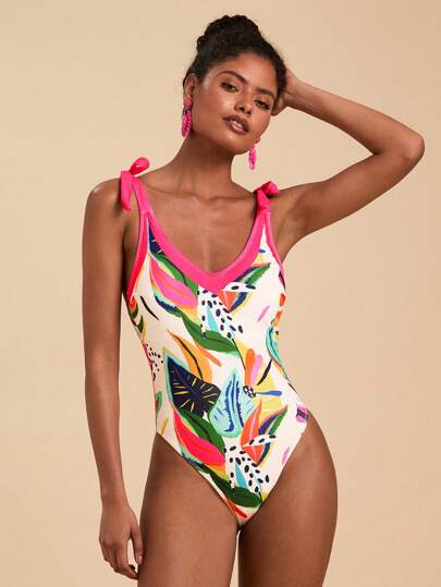 Travachic 1 件女士时尚撞色肩带连体泳衣，适合夏季，女士夏季服装，女士泳衣，女士泳衣