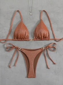 Swim Vcay Damen Bikini-Set mit Metallgewebe, einfarbig, Spaghettiträger, Schmuckverzierung, für Sommer Strandurlaub