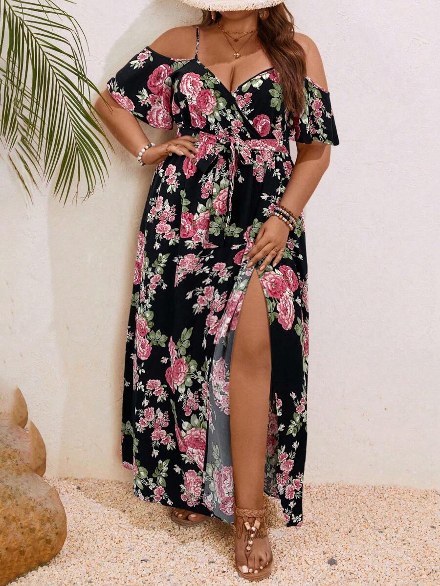 SHEIN VCAY 大码浪漫花卉印花裹领长裙