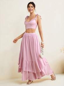 Mathilde Lhomme Pastel Pink Satin High-Waist Layered Ruffle Maxi Skirt Women Elegant Summer Skirt - Pink - View 5