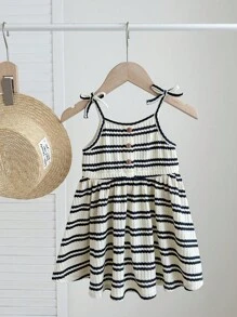 Baby Girl Cute Summer Casual White Bowknot Striped Soft Knit Sleeveless Overall Dress - Black and White - View 4