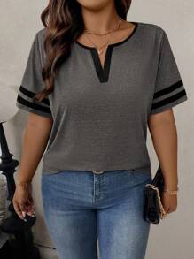 大码女式夏季休闲锁孔撞色滚边T恤