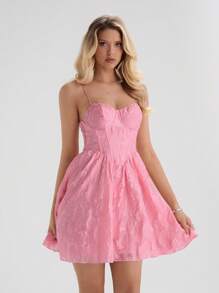 Glamine Romantisches Frühlings- und Sommer-Jacquard-Fischgräten-Brustbecher-Einfarbenes-Cami-Mini-Kleid für Damen - Pink - Übersicht 1