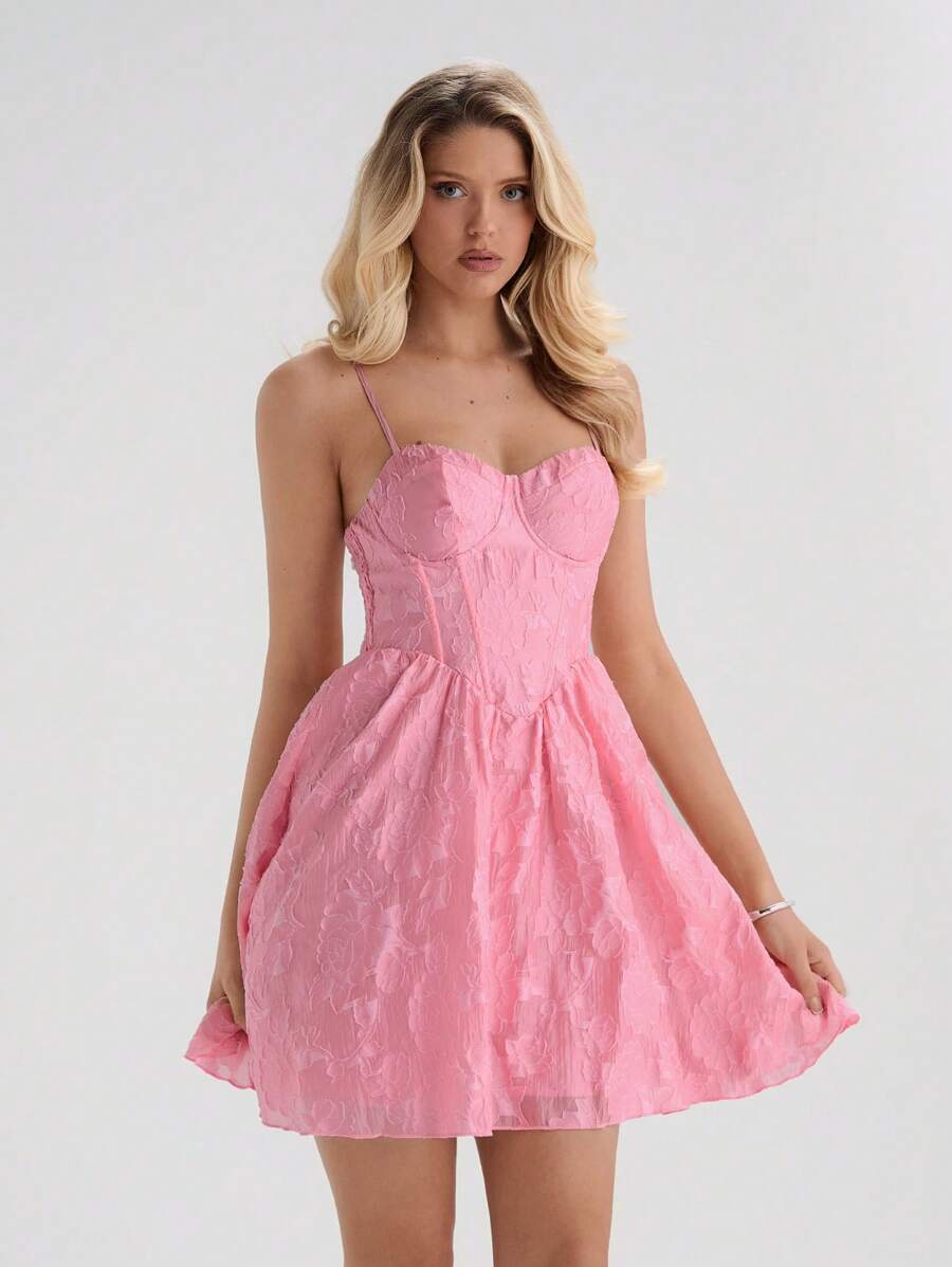 Glamine Romantisches Frühlings- und Sommer-Jacquard-Fischgräten-Brustbecher-Einfarbenes-Cami-Mini-Kleid für Damen - Pink - Übersicht 1