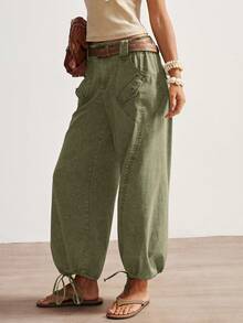 Bohemela 女式低腰带口袋慢跑裤，休闲百搭裤 - 綠色 - 查看 5