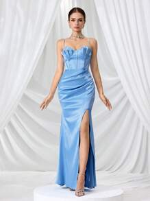 Coutiva 女士正式晚礼服（大量装饰）女士连衣裙生日女士生日装女士休闲连衣裙女士正式，女士时尚优雅婚礼派对舞会礼服，修腰修身面料，舒适柔软，女士返校夏季连衣裙，蝴蝶结珠子和钻石装饰，女士蓝色连衣裙，派对礼服，适合婚礼宾客 - 藍色 - 查看 8