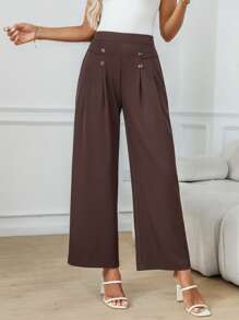 EMERY ROSE Women's Buttoned Pleated Elegant Office Pants Summer - Brown - View 8