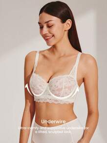 LUVLETTE 女士内衣休闲曲线半罩杯聚拢透气钢圈性感无衬里白色蕾丝优雅网眼迷你文胸新娘内衣 - 米色 - 查看 8