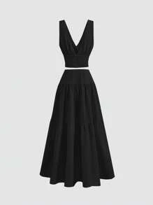 SHEIN MOD 2pcs/Set Embroidered Vacation Tank Top And Skirt - Black - View 2