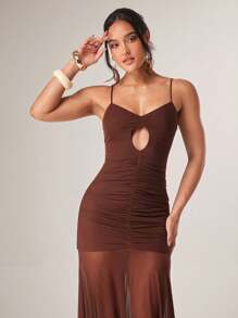 Silquee Women's Coffee Brown Dress,Summer Stretch Mesh Cutouts Cami Elegant Graduation Outfits,Seksi Chic Bar Party Flowy Beach Vacation Sundress - Brown - View 3