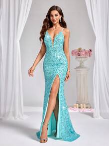 Zolique 开叉大腿亮片吊带连衣裙，适合节日派对服装，长款女士服装 - 淺藍色 - 查看 3