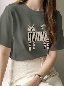 DAZY Camiseta de manga corta con cuello redondo y gráfico de gato para mujer, para primavera/verano, atuendos de maestro - Gris - Ver 5