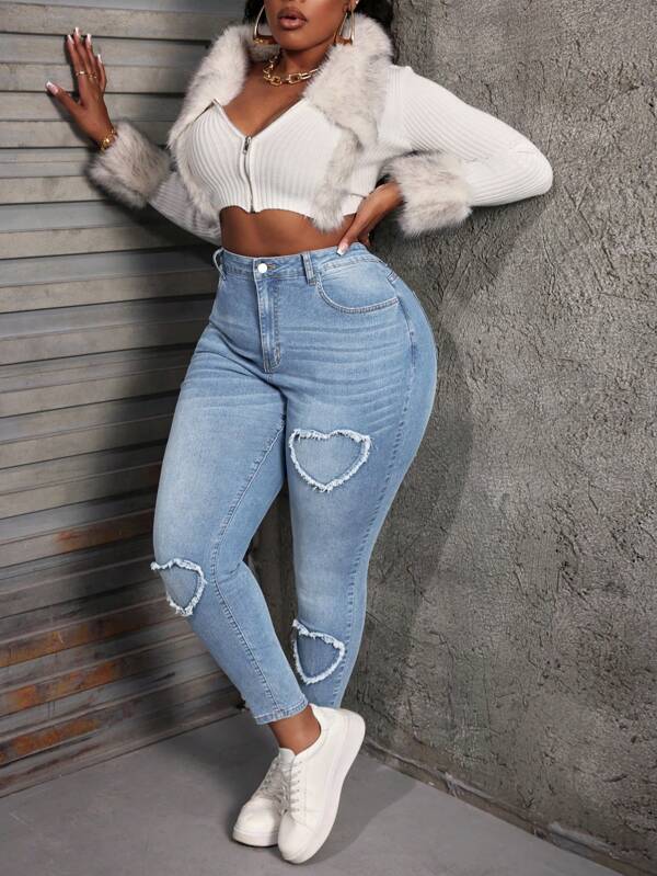SHEIN SXY Jeans für Damen in Große Größen, Skinny Fit, elastisch, mit Stickerei "Love", blaue Damen Jeans, Mom Jeans, Denimhosen, Jeans, Jeggings, dehnbare Jeans