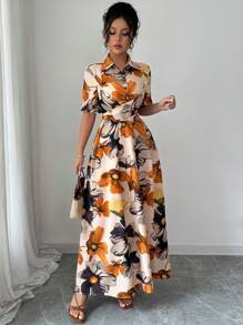 Modelyn Đầm xòe xếp ly cổ sơ mi tay bồng buộc eo cho nữ, Đầm dự tiệc thanh lịch lãng mạn - Nhiều màu - Xem 3