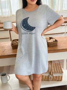 SHEIN Minimalist Casual Moon Print Plus Size Short Sleeve Sleep Dress - Grey - View 3