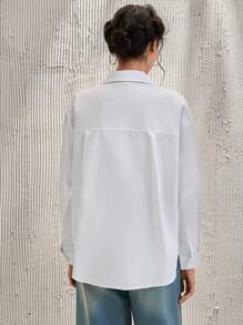 RueChic Cotton Pearls Beaded Button Front Shirt - White - View 2