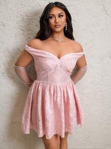 Flirla Plus Size Women Puff Sleeve Off Shoulder Sexy Mini Dress, Princess Date Floral Jacquard Fabric Vacation Dress - Pink - View 4