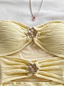 Soleia Vacation Strapless Hollow Out Patchwork Metal Buckle Textured Fabric Bodycon Mini Dress, For Music Festival, Bohemian, Holiday, Dates & Afternoon Tea Vacation Dress,Club Outfits Women Sexy - Yellow - View 6