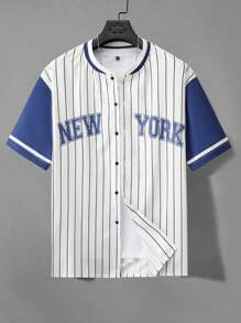 Aesthetic Post--Oversized Men's Striped & Letter Print Baseball Collar Shirt Without T-Shirt - Blue - View 1