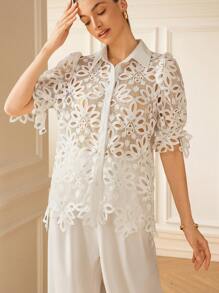 Aveloria Rosie 新款时尚法式水溶镂空刺绣性感透明简约女式衬衫 - 白色 - 查看 4