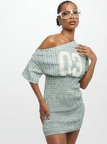 SUMWON WOMEN 迷你连衣裙，褶饰腰部露肩格子图案数字贴花春夏学院风时尚运动风 - 藍白色 - 查看 6