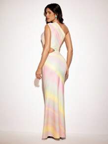 VIOLA AND VESPER Gradient Pastel Rainbow Printed Stretchy One-Shoulder Ruched Cutous Flared Maxi Dress Elegant - Baby Pink - View 2
