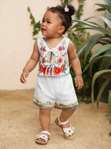 SHEIN Baby Girl Floral Print Halter Top With Tie Front And Matching Shorts Set - White - View 5