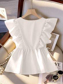Franclia 女式甜美法式荷叶边V领短款荷叶边无袖系带衬衫，适合春夏季 - 白色 - 查看 2