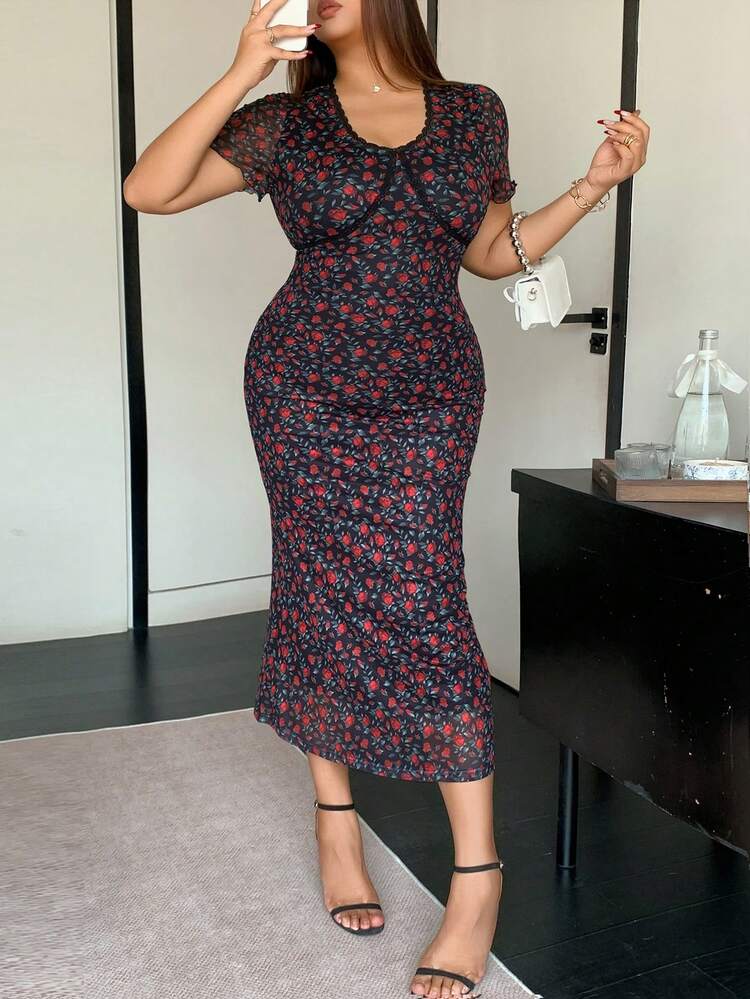 Dazy Plus Plus Size Floral Print Fitted Contrast Lace Short Sleeve Summer Dress For Women Maxi Dress Boho