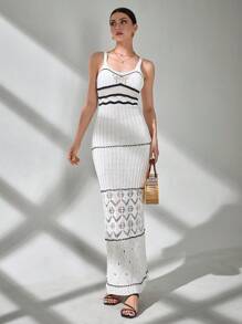 CLARA VERO 女士特别针织罩衫长款无袖连衣裙，撞色细节 - 白色 - 查看 4