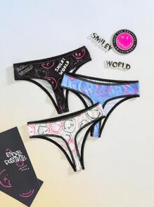 SmileyWorld® | SHEIN 3 件笑脸字母图案内裤