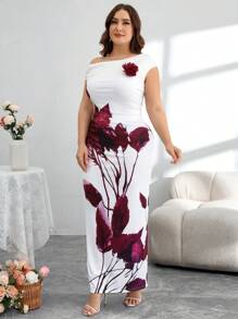 Modelyn Damen Große Größen elegantes 3D-schräge Schulter Top und körperbetonter Rock 1 Stück bedruckter Strickkombi 2 Teile Set - Rot-Weiß - Übersicht 6
