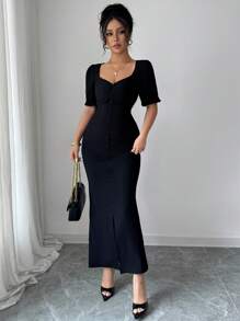 Modelyn Vestido midi feminino com decote quadrado e manga lanterna, tecido texturizado, elegante para uso diário