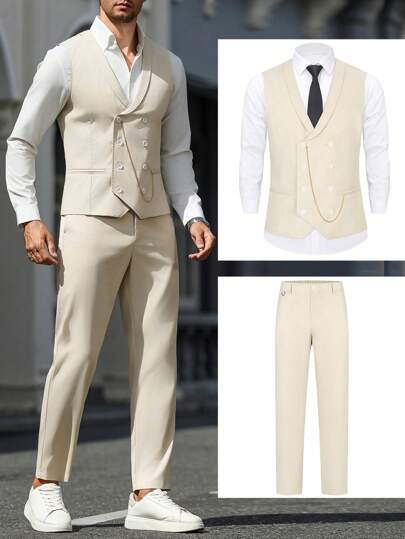 Manfinity Bizformal Conjunto de chaleco de traje beige para hombre, diseño de doble botonadura con decoración de cadena metálica, de moda y versátil, para negocios, viajes, actuaciones y atuendo de padrino de boda