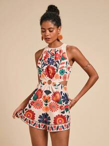 Travachic Woven Print Waist Cutout Off Shoulder Romper For Women,Summer Outfits For Women,Beachwear,Spring And Summer,Easter,Beach Outfits For Woman,Spring Break,Vacation Outfits Women,Concert Outfit Women,BOHO,Bohemia,Music Festival,Tropical Vacation Woman Clothes,Hot Selling Prints,4th Of July Outfits,Holiday Outfits - Khaki - View 6