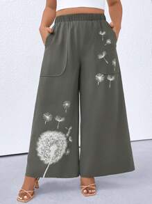 EMERY ROSE Plus Size Women Dandelion Print Elastic Waist Pockets Wide Leg Casual Pants - Army Green - View 1