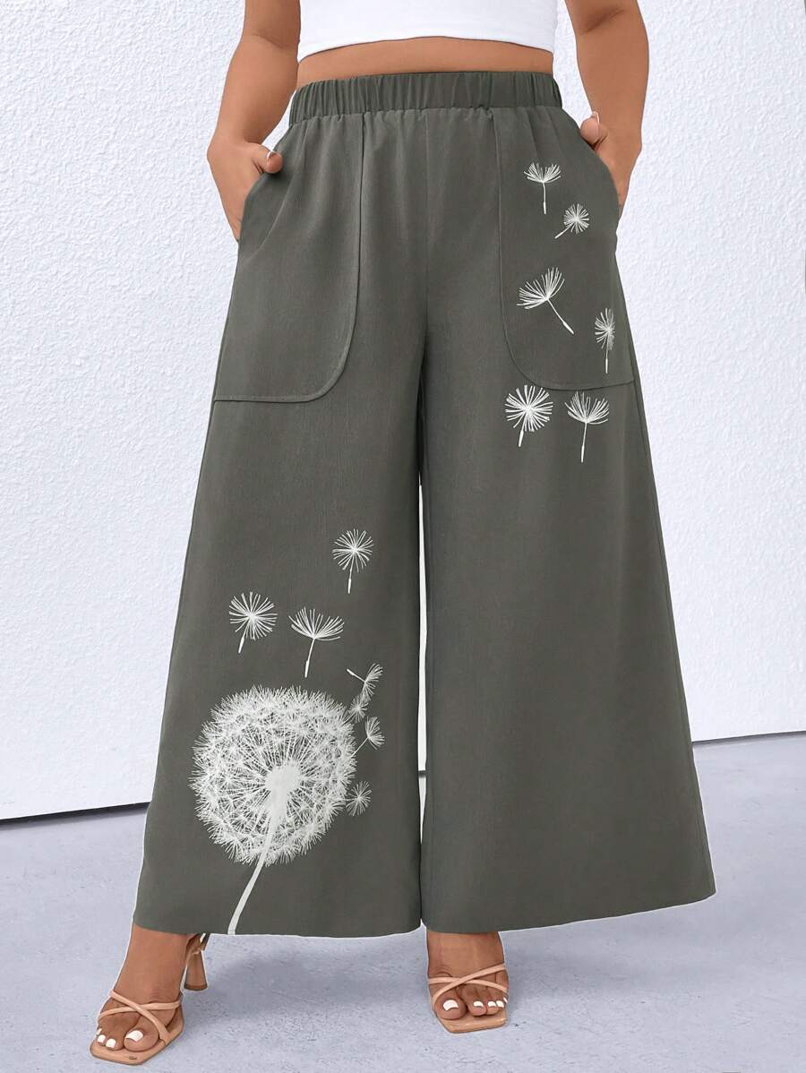 EMERY ROSE Plus Size Women Dandelion Print Elastic Waist Pockets Wide Leg Casual Pants - Army Green - View 1