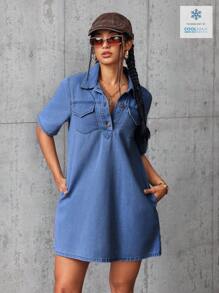 SHEIN EZwear 女式纽扣半襟短袖口袋休闲牛仔连衣裙 - 中等水洗藍 - 查看 5