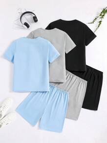 Set de 6 piezas de pijama para adolescentes varones con camisa de manga corta con estampado de letras en inglés y pantalones cortos en combinación de colores negro/gris/azul