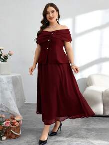 Modelyn Plus Size Women's Off Shoulder Chiffon Patchwork Blouse And 2 Pieces Set, Slimming - Burgundy - View 6