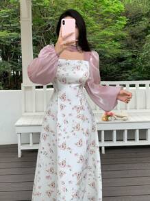 Feyla Women's Floral Print Square Neck Mesh Insert Elegant Long Sleeve Midi Dress