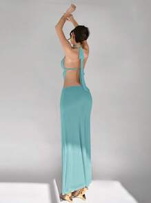 Aloruh 女士优雅性感露背吊带连衣裙 - 薄荷藍 - 查看 2