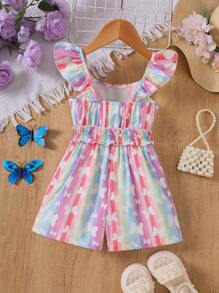 Young Girl' Flutter Sleeve Colorful Butterfly Print Ruffle Edge Casual Overall Jumpsuit, Suitable For Spring & Summer - Multicolor - View 2
