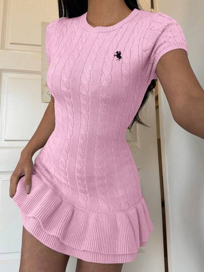 SHEIN EZwear 女式夏季休闲刺绣细节荷叶边下摆迷你针织连衣裙