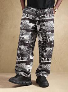 SUMWON Loose Fit Wide Leg Printed Jogger Pants Streetwear Festival Baggy Skater Style All Season Casual Loungewear Urban Fashion Statement Pants