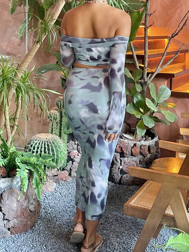 Plus Size Asymmetrical Tie-Dye Mesh Off Shoulder Long Sleeve Top And Skirt Two Pieces Set, Sexy Resort Outfit Vacation Cruise Outfit For Women