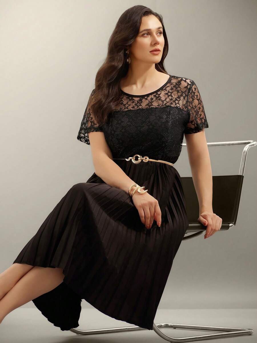 SHEIN Clasi 大码纯色生日礼服、商务休闲派对礼服、优雅正式女装、晚礼服、蕾丝裙、婚纱、浪漫礼服、婚礼宾客礼服、常规春夏长裙 - 黑色 - 查看 1